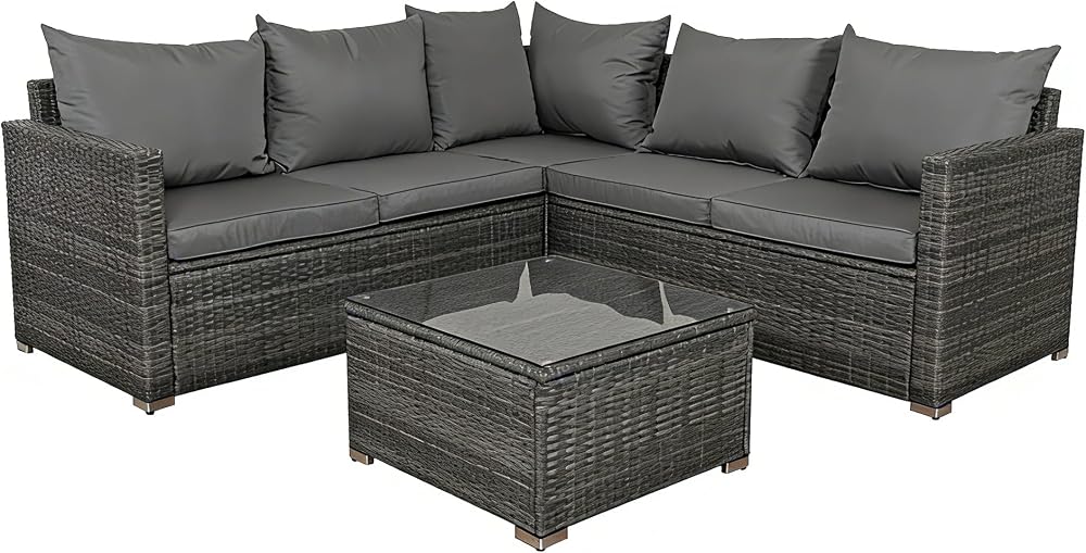 Panana 5 Seater Rattan Garden Corner Sofa Set with Coffee Table Grey