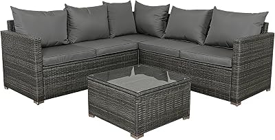 Panana 5 Seater Rattan Garden Corner Sofa Set with Coffee Table Grey