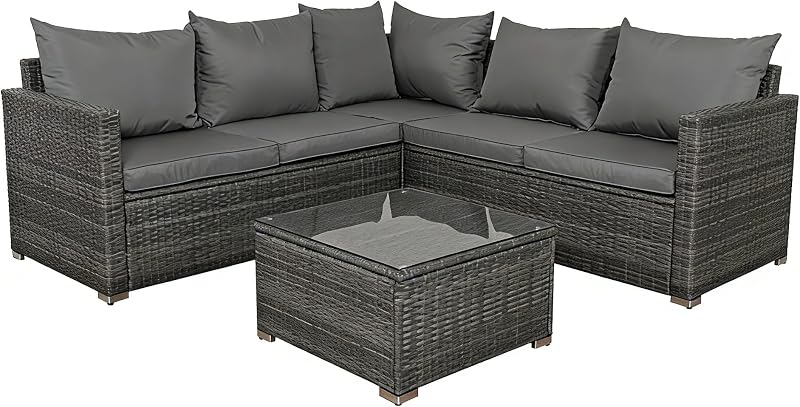 Panana 5 Seater Rattan Garden Corner Sofa Set with Coffee Table Grey