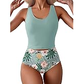 Eomenie Two Piece Tankini Swimsuits for Women Tummy Control Bathing Suits Cutout Back Swim Tank Top with High Waisted Bottom