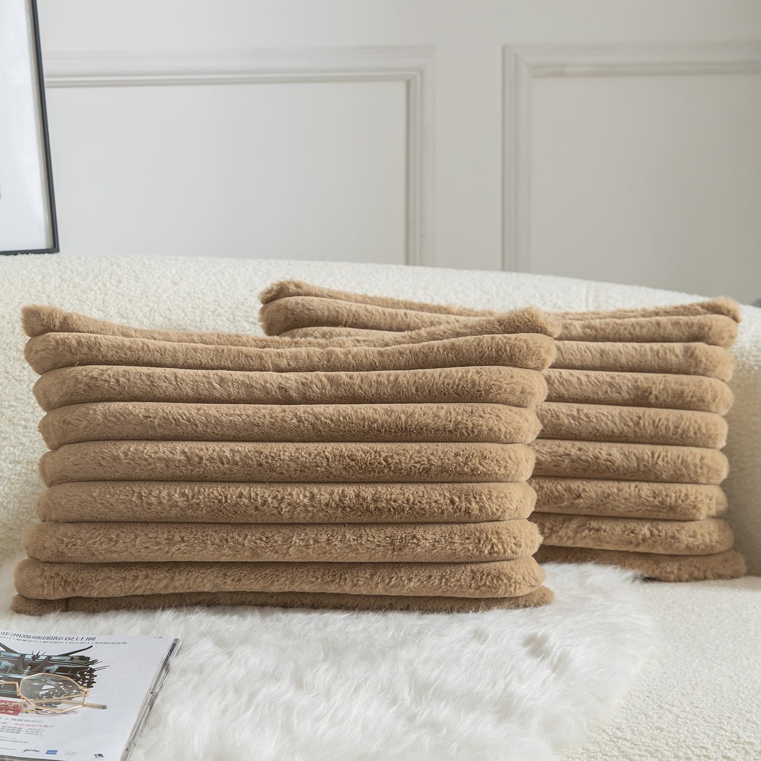 Mandioo Pack of 2 Decorative Cushion Covers 30cm x 50cm Faux Fur Striped Plush Soft Throw Pillow Covers Pillow Cases Bedroom Living Room Sofa Home 12x20 Inch Camel