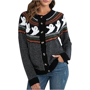 Halloween Sweaters for Women Casual Knitted Cardigan Pullover Ghost Graphic Long Sleeve Crew Neck Jumper Tops