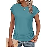 SAMPEEL Womens Summer Tops Trendy 2025 Ruched Cap Short Sleeve Tshirts Shirts Crew Neck T Shirts Fashion