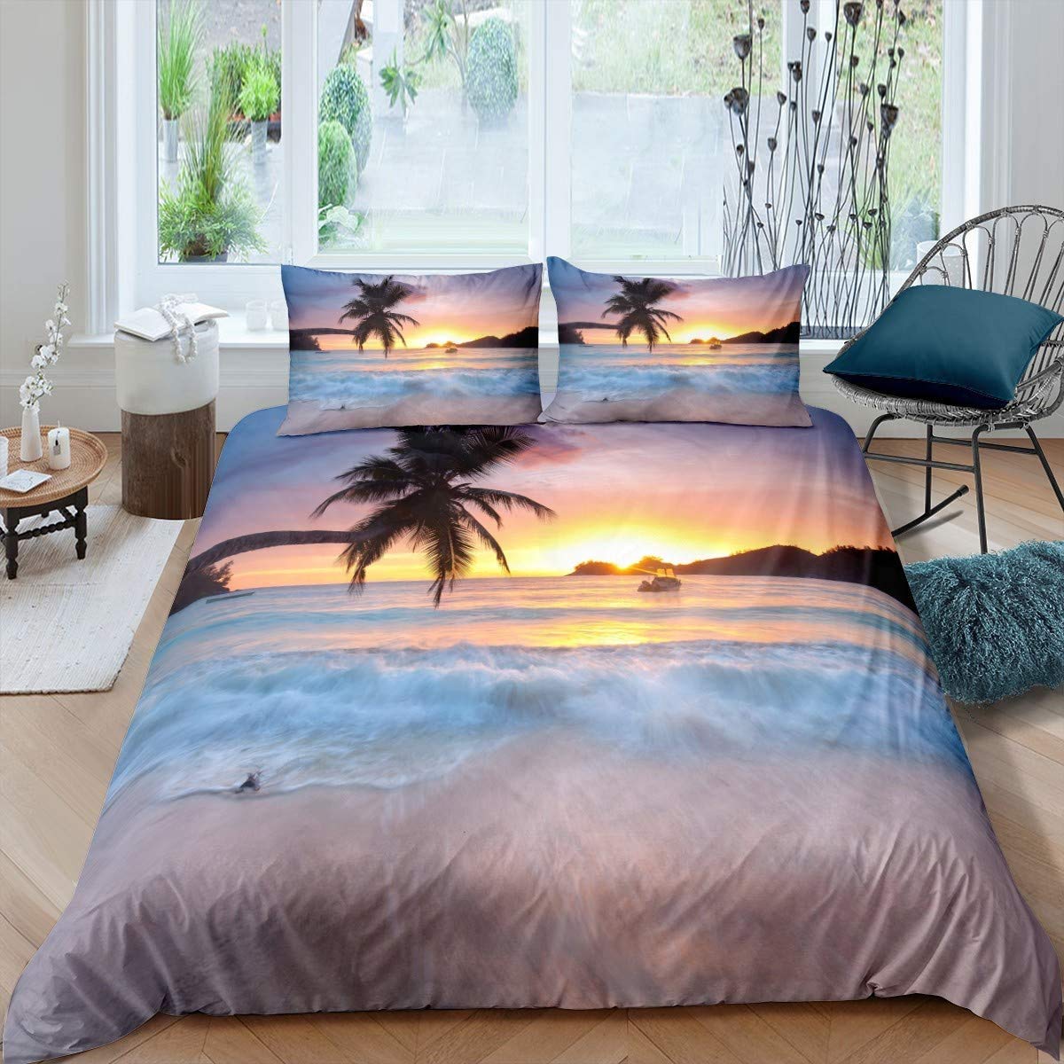Loussiesd Ocean Duvet Cover King Waves Bedding Set Hawaiian Tripocal Sea Beach Bedding Comforter Cover Microfiber with 2Pillow Shams,Zipper Closure, Digital Print Decorative Sunset 3 Pieces — image 1
