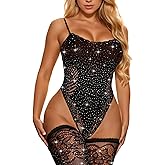 RSLOVE Women Lingerie Fishnet Teddy Bodysuit Sparkle Rhinestone Mesh Lingerie with Thigh High Stockings