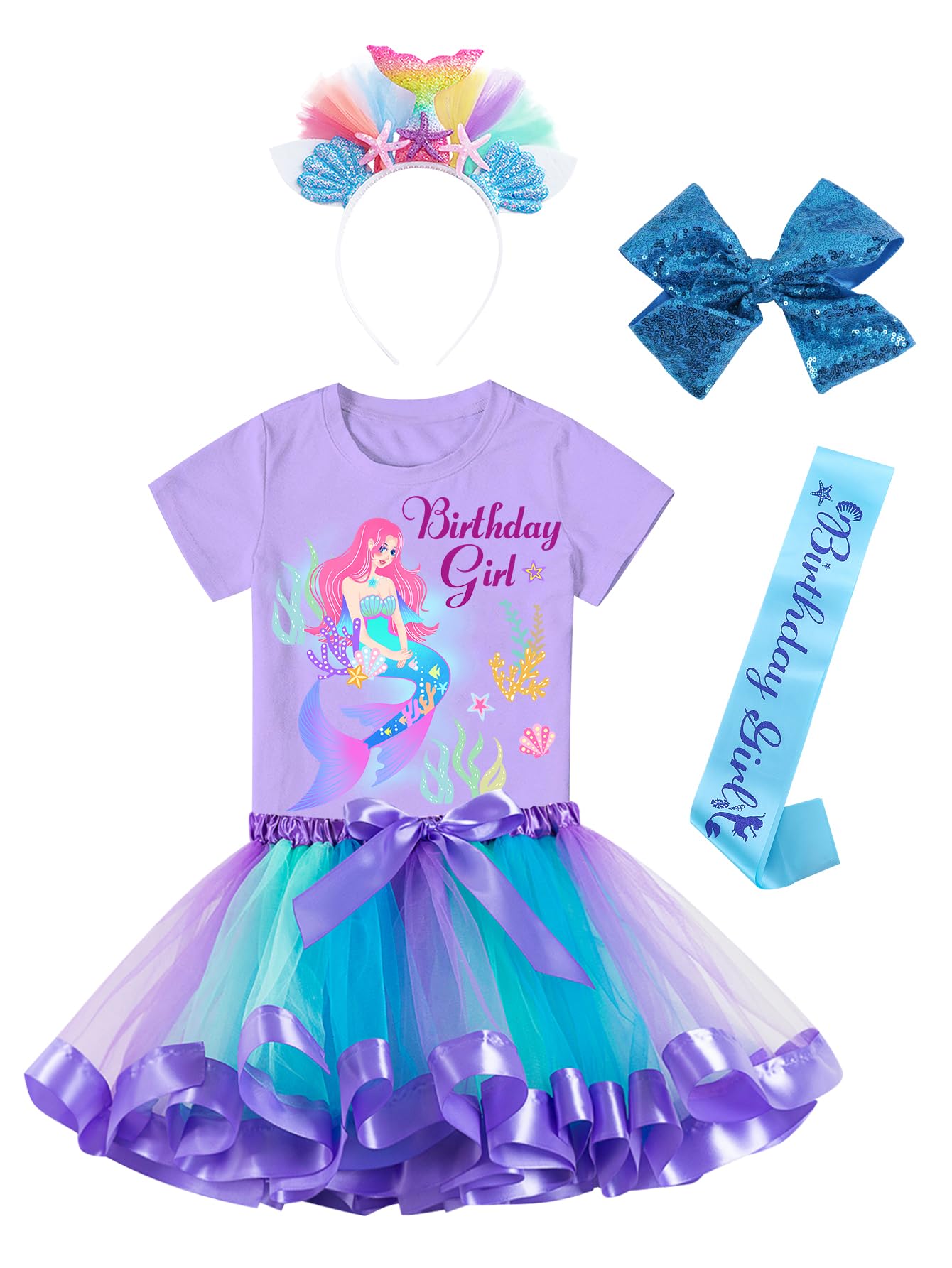 Doctor Unicorn Birthday Girls Mermaid Outfit Set Costume Tutu Skirt Dress, Mermaid Birthday Shirt, Headband & Satin Sash (Purple-3, 10-11 Years)
