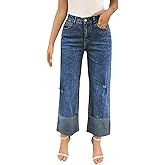 Cicy Bell Womens Wide Straight Leg Jeans High Waisted Trendy Cuffed Hem Distressed Vintage Denim Pants
