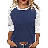 Heymiss Womens Tops 3/4 Sleeve Shirts Round Neck Loose Casual Tshirts Color Block Summer Tees