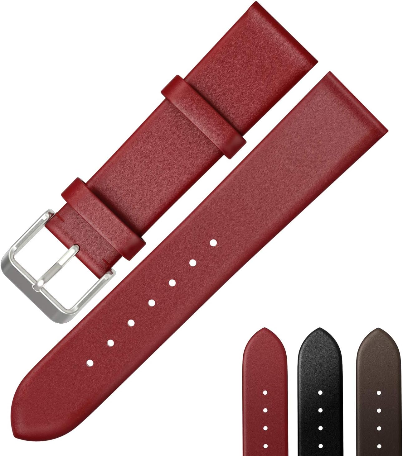 Emibele 18mm Universal Watch Band, Premium Genuine Leather with Stainless Steel Buckle Adjustable Replacement Band for 18mm Sport Strap, Red