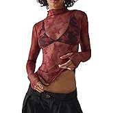 Sheer Mesh Long Sleeve Layering Top for Women Mock Neck Floral Lace Tshirt See Through Tee Shirt Blouse