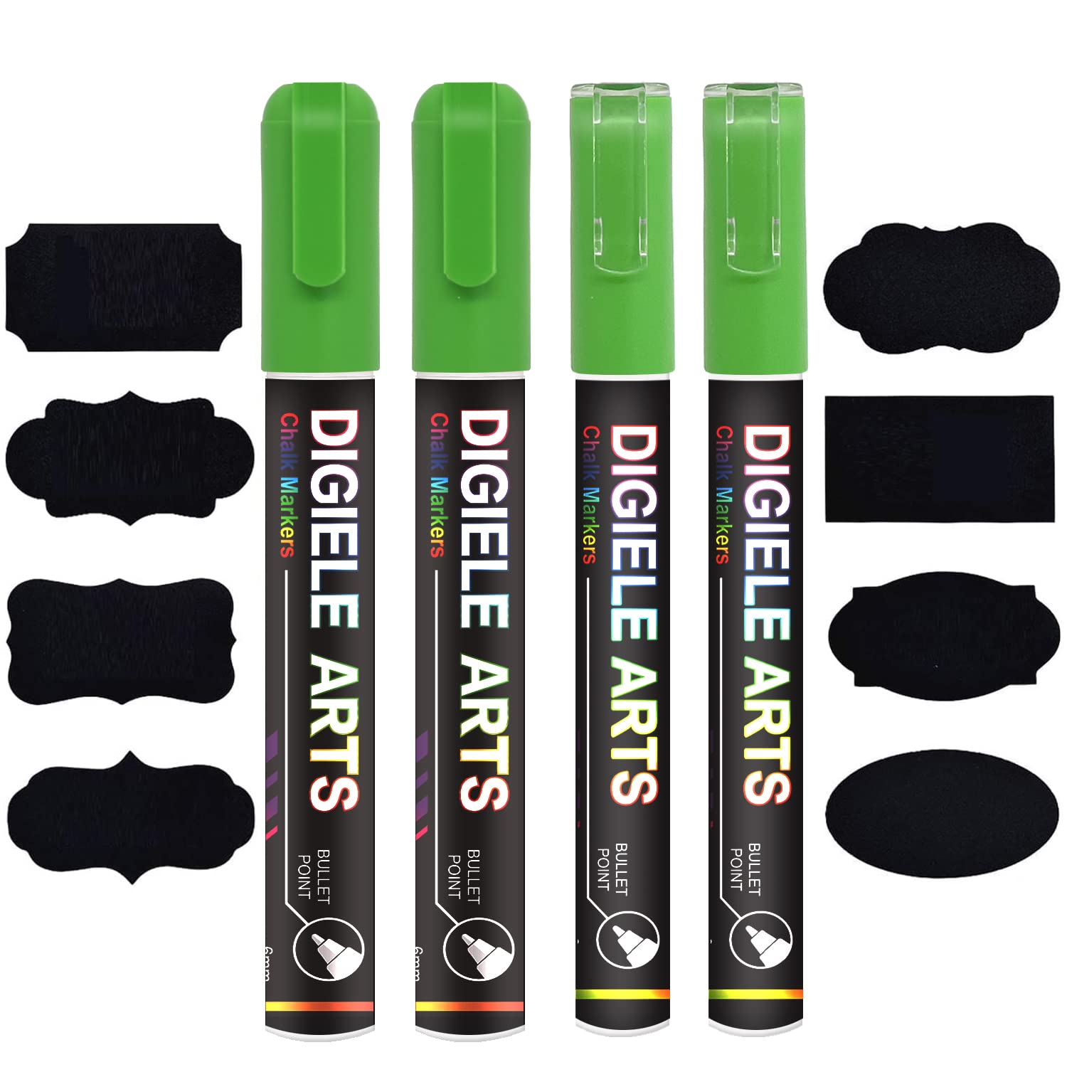 Liquid Chalk Marker Pens by DIGIELE, 2pcs 3mm White Chalk Pens + 2pcs 6mm White Chalk Markers, Reversible Bullet or Chisel tip, Dry or Wet Wipe Erase, Pack of 4 with 16 Chalkboard Lables (Green)