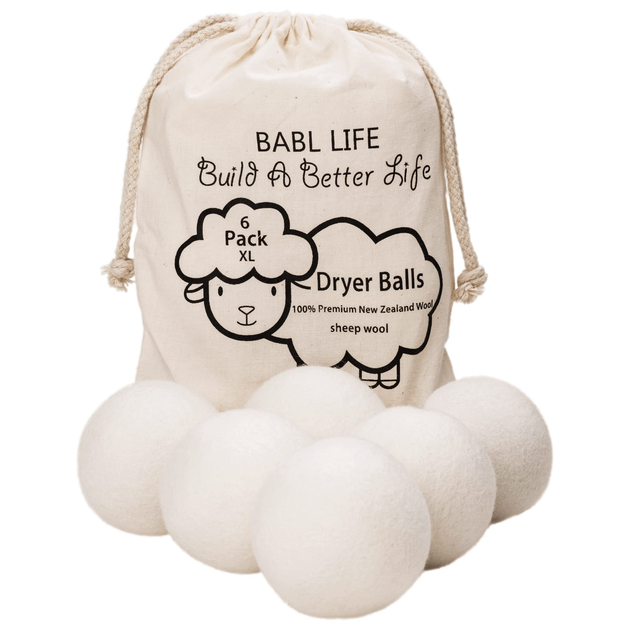 BABL LIFE Wool Dryer Balls-Pack of 6 XL,Premium Reusable New Zealand Natural Fabric Softener,Saves Drying Time, Handmade,Upgraded Version(Made of The Latest Shearing)-3 Inch