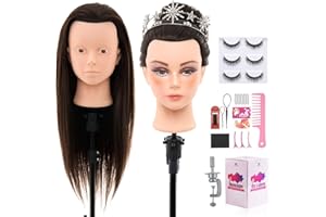 NEVERLAND BEAUTY & HEALTH 28Inch 80% Real Hair Mannequin Head - Cosmetology Mannequin Head with Hair for Makeup Braiding Makeup Curling Cuting, Make up Doll Head for Styling with Table Clamp hair Styling Set (Dark Brown)
