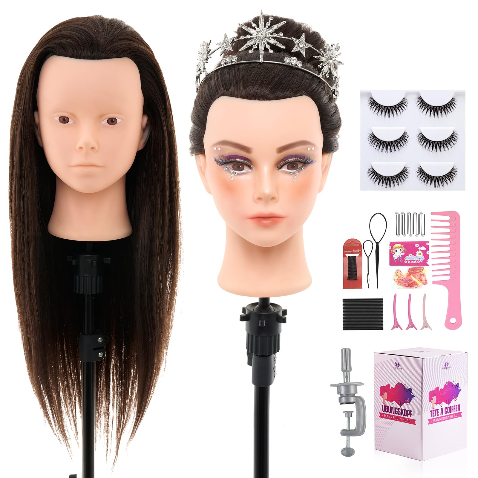 Neverland Beauty Mannequin Head with Hair - 26"-28" Hairdressing Head Make-Up Head, 60% Real Human Hair, Hairdresser Practice Training Head with Table Clamp & DIY Styling Braiding Tools