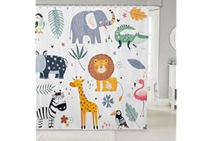 FEELYOU Kids Zoo Animal Bath Curtain Cute Wild Animals Shower Curtain Cartoon Safari Wild Bathroom Shower Curtain Set Boys Girls Bedroom Decor Exotic Natural Waterproof Shower Curtain with Hooks 72x84 Inch