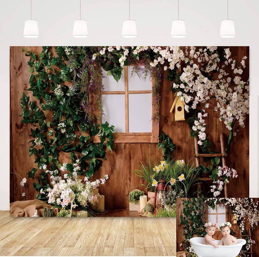 Garden Photography Backdrop Wooden Windows Green Plants Flower Background Children Baby Shower Party Decorat Studio Photo Shoot Props (8X6FT)