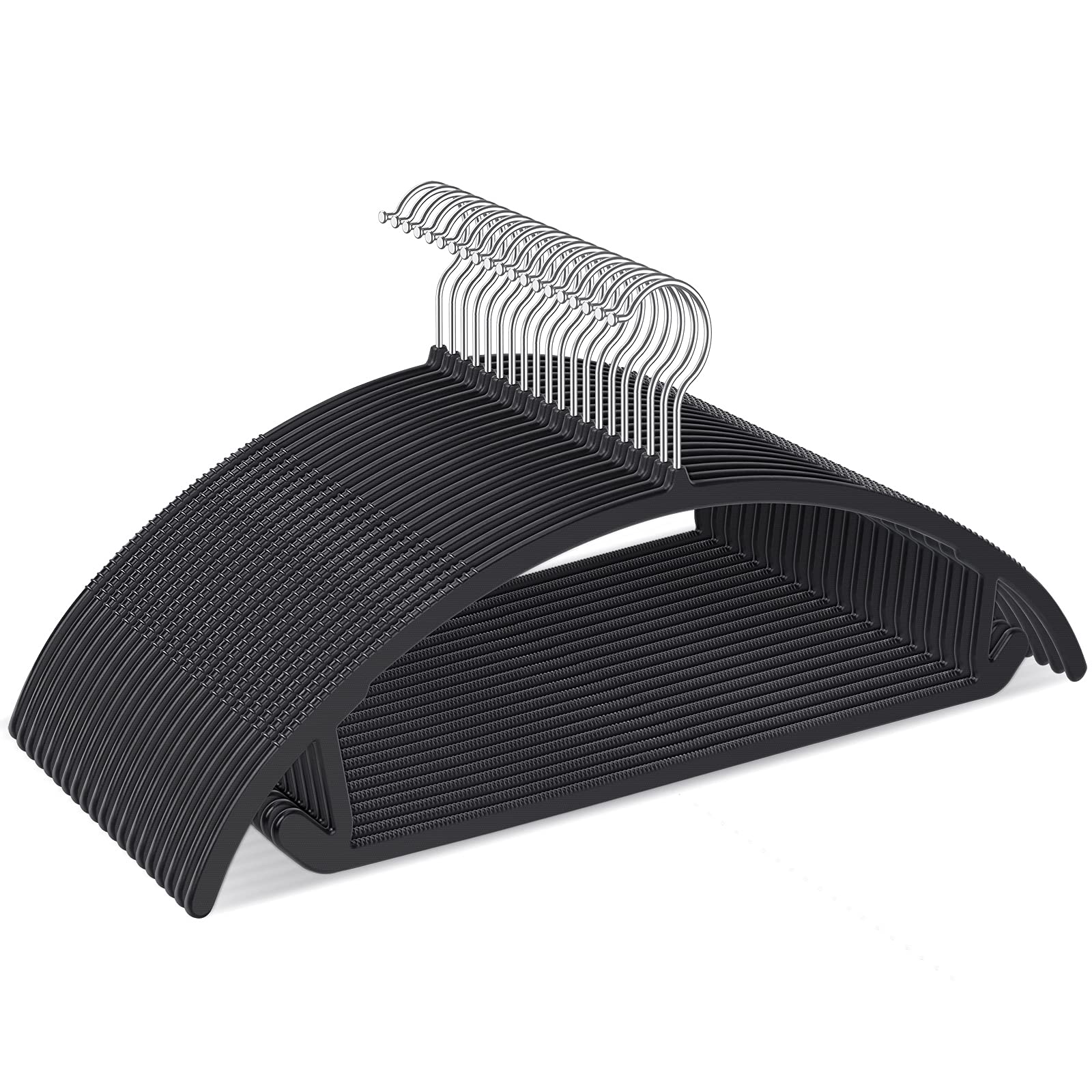 Photo 1 of Ergonomic Curved Plastic Hangers 50pack - No Shoulder Bump Design, Non-Slip Grip for Delicate Fabrics, Heavy Duty Clothes Hangers, Holds Up to 11lbs - Ideal for Silk, Coats & Winter Wear(Black)
