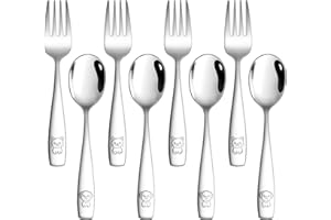 LIANYU 8 Pieces Toddler Utensils, Stainless Steel Kids Silverware Set, Food Grade Toddler Fork and Spoon Sets, Metal Kids Cutlery Set with Cute Pattern, Dishwasher Safe