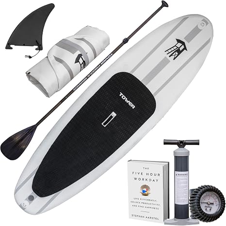 Tower Inflatable 9 10 Stand Up Paddle Board - (6 Inches Thick) - Universal SUP Wide Stance - Premium SUP Bundle (Pump & Adjustable Paddle Included) - Non-Slip Deck - Youth and Adult - Adventure 1