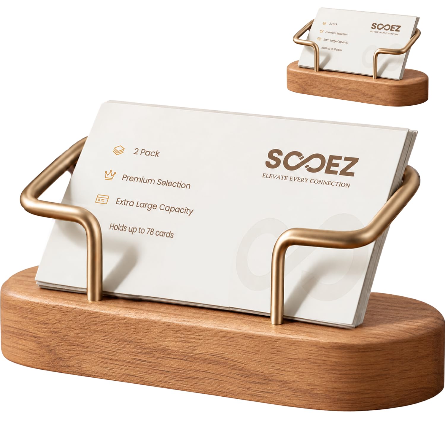 Sooez 2 Pack Business Card Holder for Desk, Cherry Wood Display Stand Decor | Wooden Card Holder, Holds up to 78 Cards, Offic