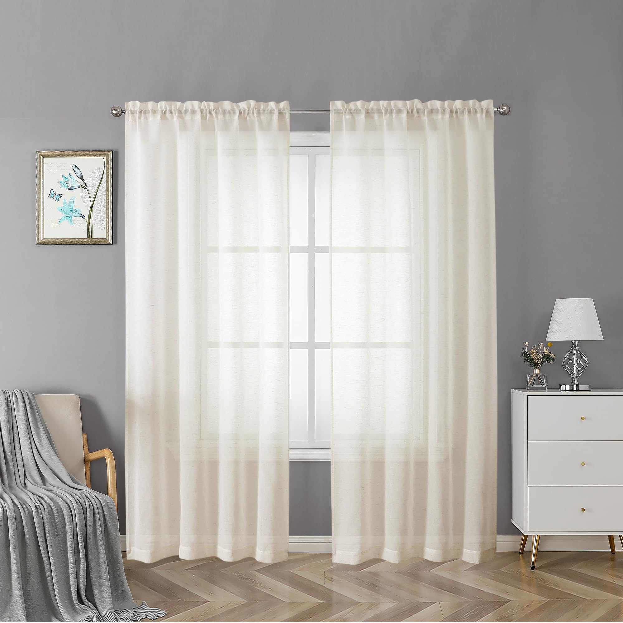 Photo 1 of Lecloud Doris Slub Textured Sheer Linen Curtains 72 Inch Length 2 Panels, Double Rod Pockets Window Living Room Curtain for French Door, Solid Voile Kitchen Bedroom Window Drapes, 40x72 Inches