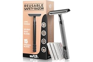 MISS SHARK Safety Razor for Men with 15 Stainless Steel Double Edge Blades, Long Handle Men’s Single Razors for Shaving, Imported Upgraded Blades Reduce Irritation, Black