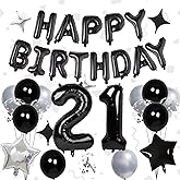 32 Inch 21 Balloon Numbers, Happy Birthday Balloons Banner 16 Inch Foil Letters Balloon Silver and Black Star Balloons for 21st Birthday Decorations for Boys Black Party Decorations