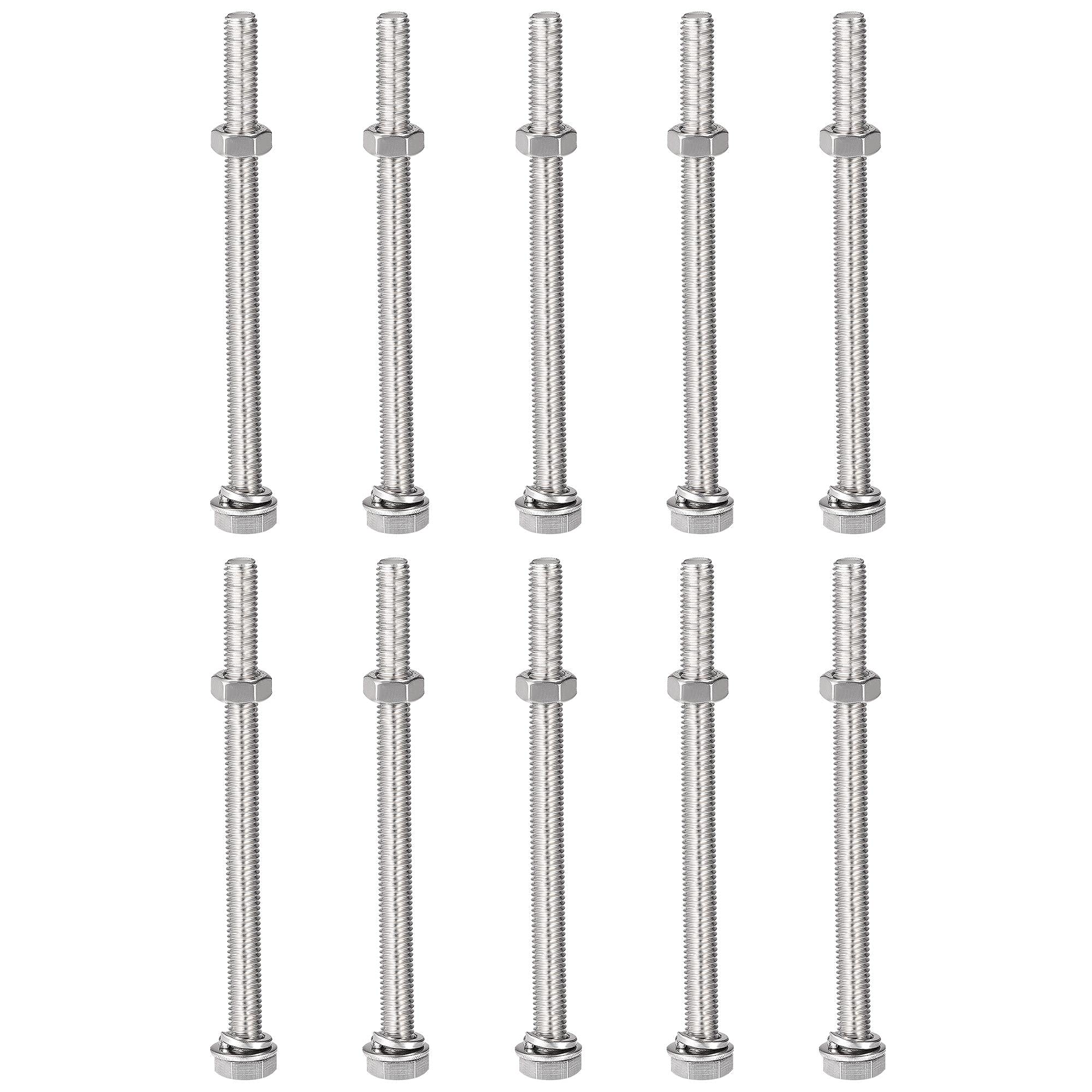 sourcing map M8 x 110mm Hex Head Screws Bolts, Nuts, Flat & Lock Washers Kits, 304 Stainless Steel Fully Thread Hexagon Bolts 10 Sets โ image 1