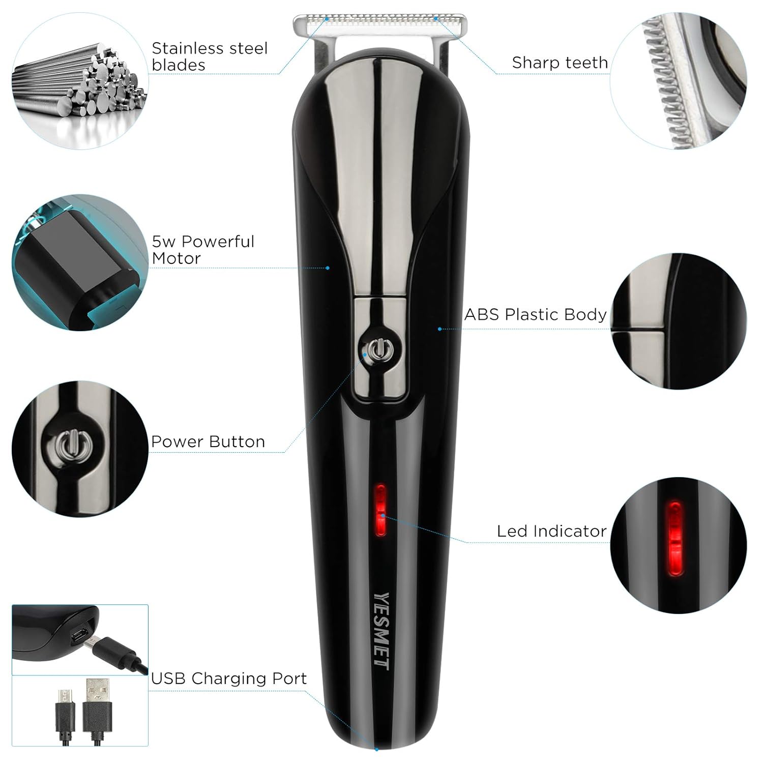 Beard Trimmer for Men, YESMET Professional Hair Clippers, Fast Rechargeable Cordless Hair Trimmer with Waterproof Low Noise, Electric Hair Cutting Kits for Head, Nose, Mustache, Face, Body Grooming: Beauty