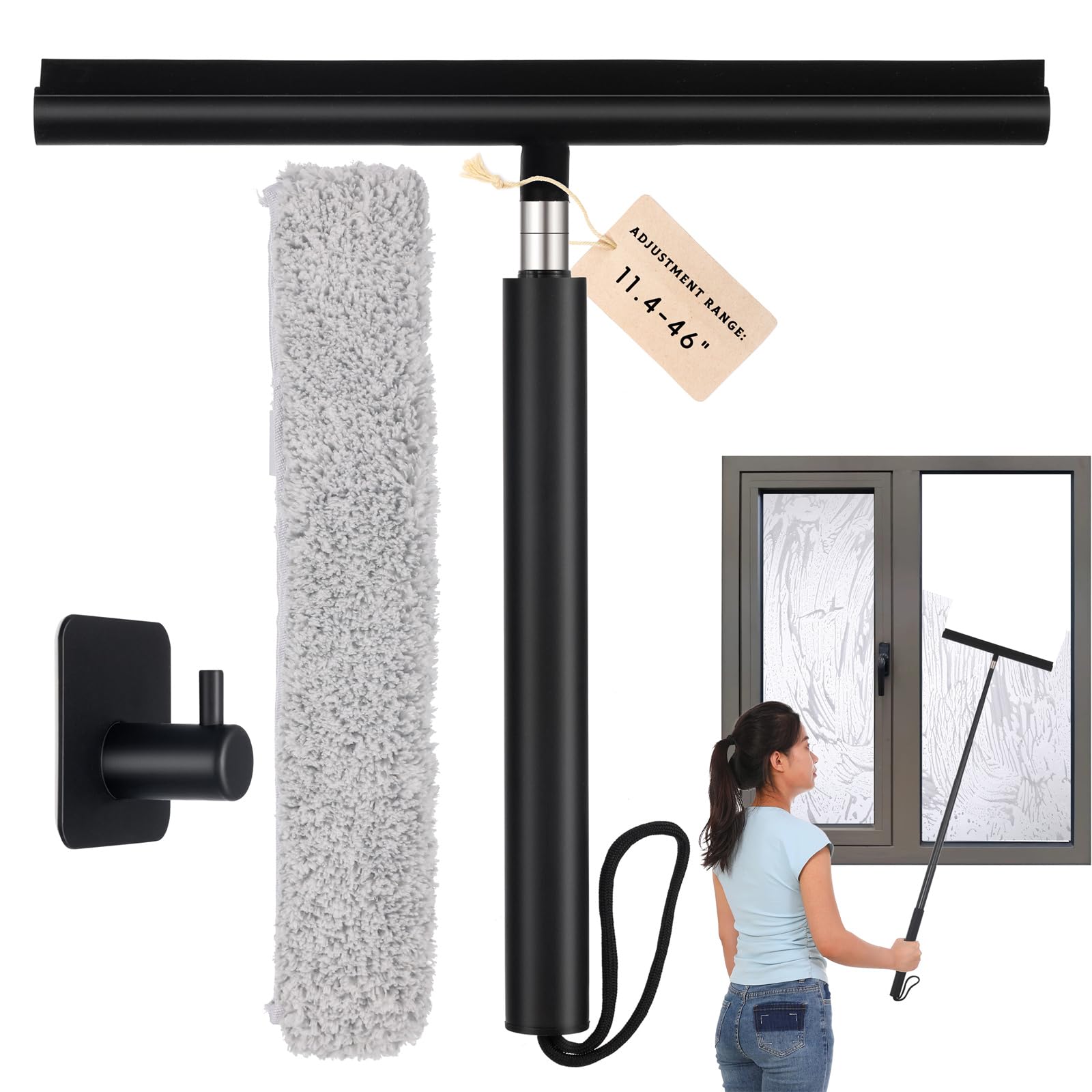 Photo 1 of Telescopic Squeegee for Shower Glass with Long Handle - Extendable Shower Squiggy with Hook Handle for Window, Tile Wall - Black - Wide 12 Inch, 2024