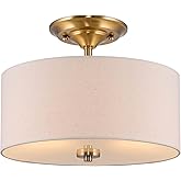 Kira Home Addison 13" 2-Light Semi-Flush Mount Ceiling Light Fixture with Off-White Fabric Drum Shade, Cool Brass Finish