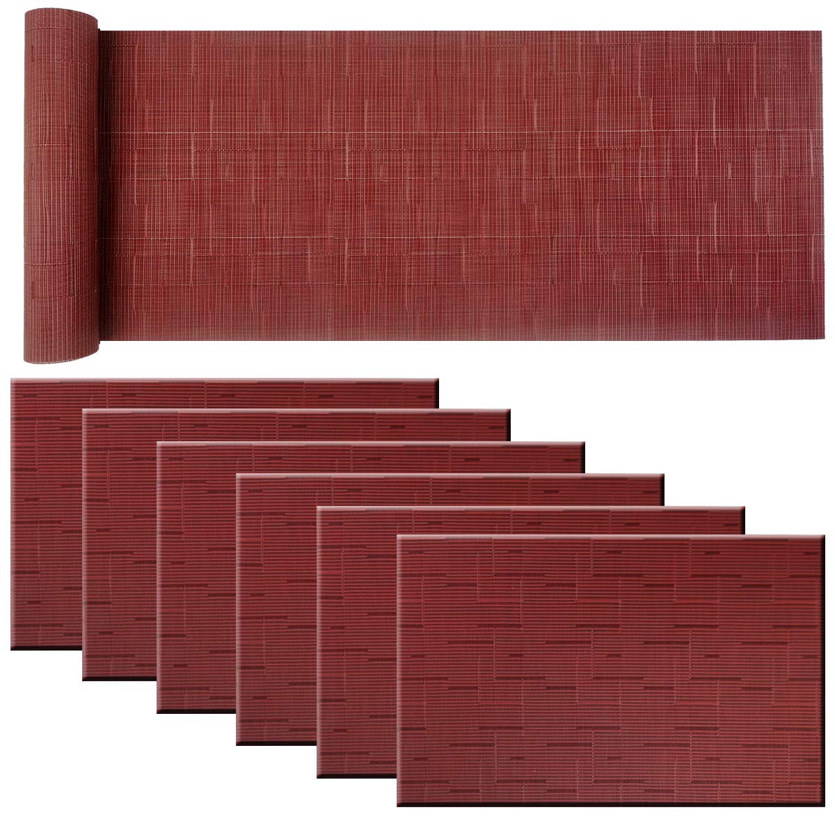BECHEN Durable Placemat Set of 6 Matching with 1 Table Runner,Cross-Weave Heat Resistant Placemat Washable Plastic Table Mats Sets (Burgundy Red)