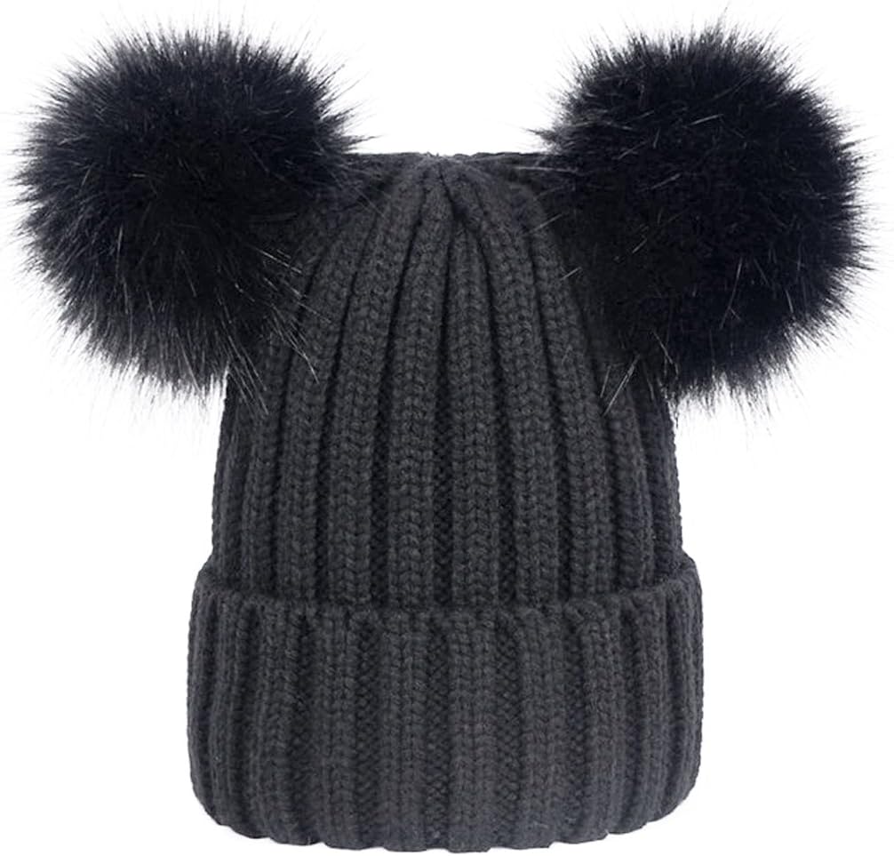 Simcat Ladies Womens Girls Knitted Ribbed Winter Beanie Bobble Hat with Twin Faux Fur Pom Pom