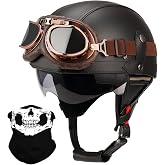 Lutcaut German Style Leather Motorcycle Half Helmet for Adults Men Women, DOT Approved Vintage Cap Half Face Shell Motorcycle Helmets for Cruiser Chopper+Goggles