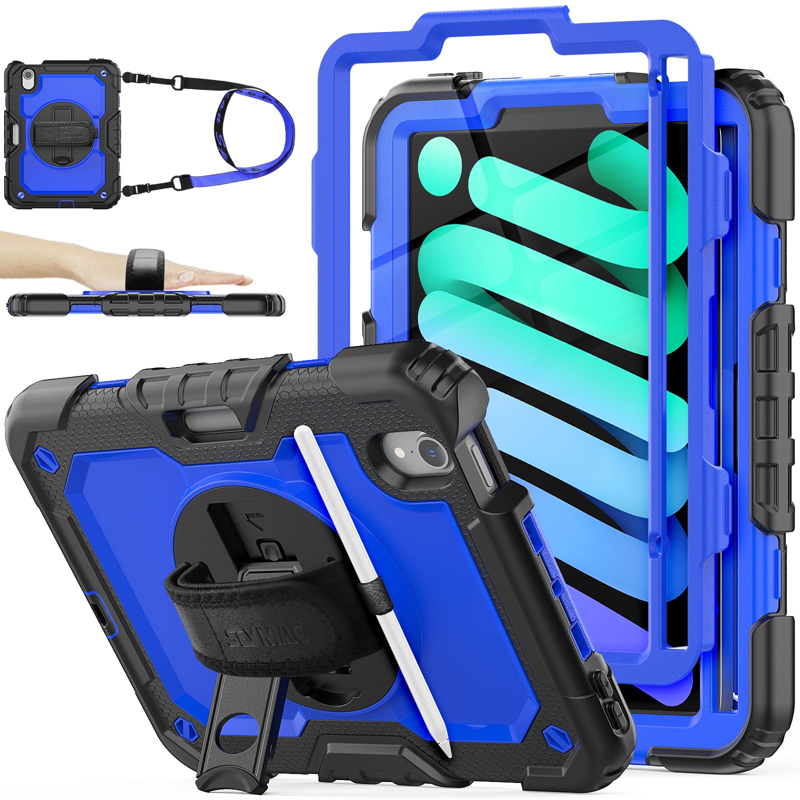 SEYMAC stock Case for iPad Mini 7 (A17 Pro)/ Mini 7th/6th Generation Case 8.3 inch(2024/2021), Full-body Shockproof Cover with 360° Rotating Stand/Hand Strap, Screen Protector & Pencil Holder, Blue