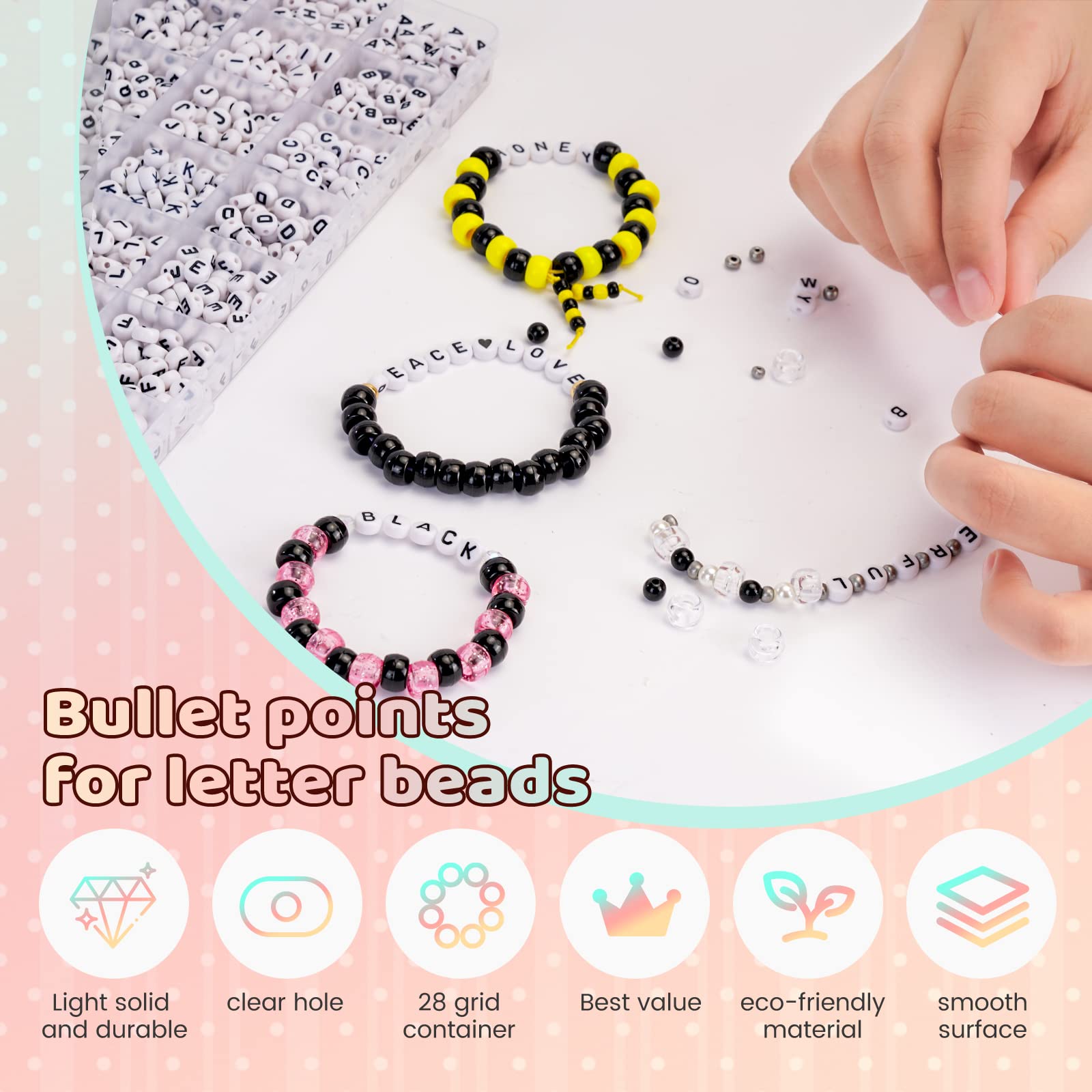 1450 Pieces Letter Beads Kit, 4x7 mm White Acrylic Alphabet Letter Beads for Jewelry Making Number Heart Bead Friendship Bracelet Making
