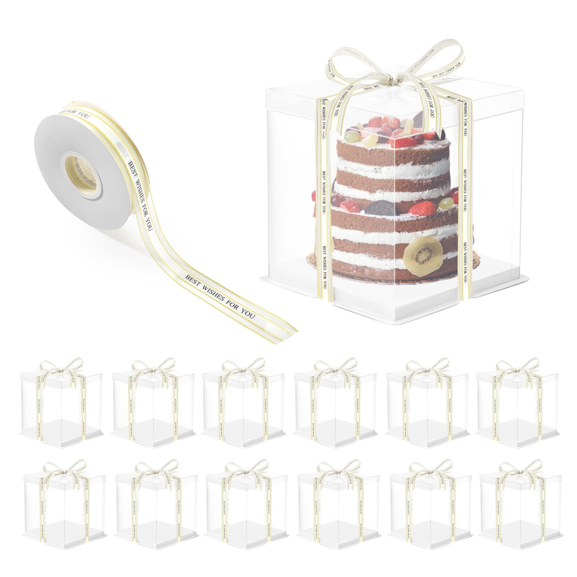 Photo 1 of YEUIKERR 12 Pcs Clear Cake Box 7x7x8 Inch Cake Packaging Boxes, Tall Cake Box with Lid and Ribbon, Transparent Cake Box for Bakery, Wedding Birthday Party