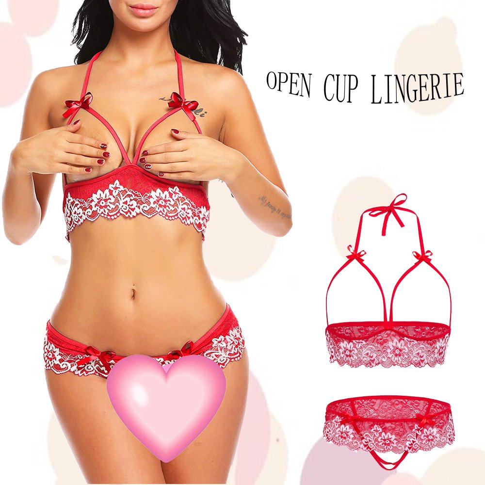 Adorelife Women\'s Open Bra Lace Babydoll Halter 2 Piece Lingerie Bra Sets