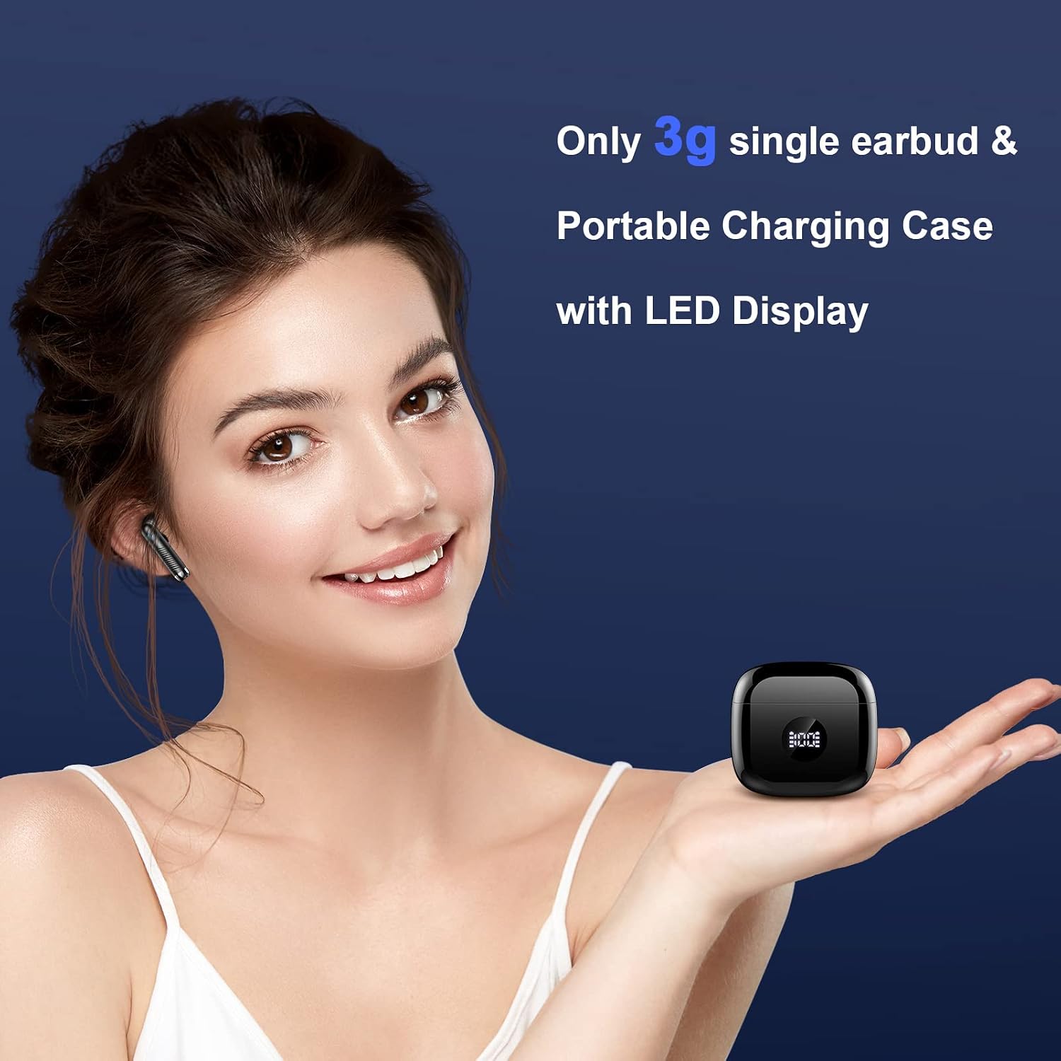 Woman holding Jxrev J53 charging case, highlighting lightweight design and LED display