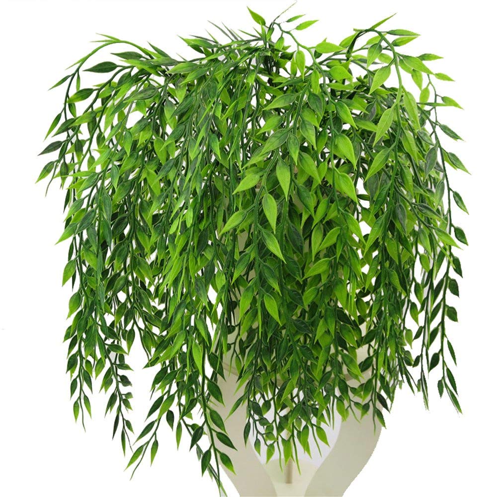 Artificial Weeping Willow, Plastic Plants Greenery Leaves Fake Hanging Vine Faux Ivy Garland UV Resistant for Home Indoor Outdoor Garden Door Wall Baskets Wedding Party Table Decor Decoration - 4 Pcs