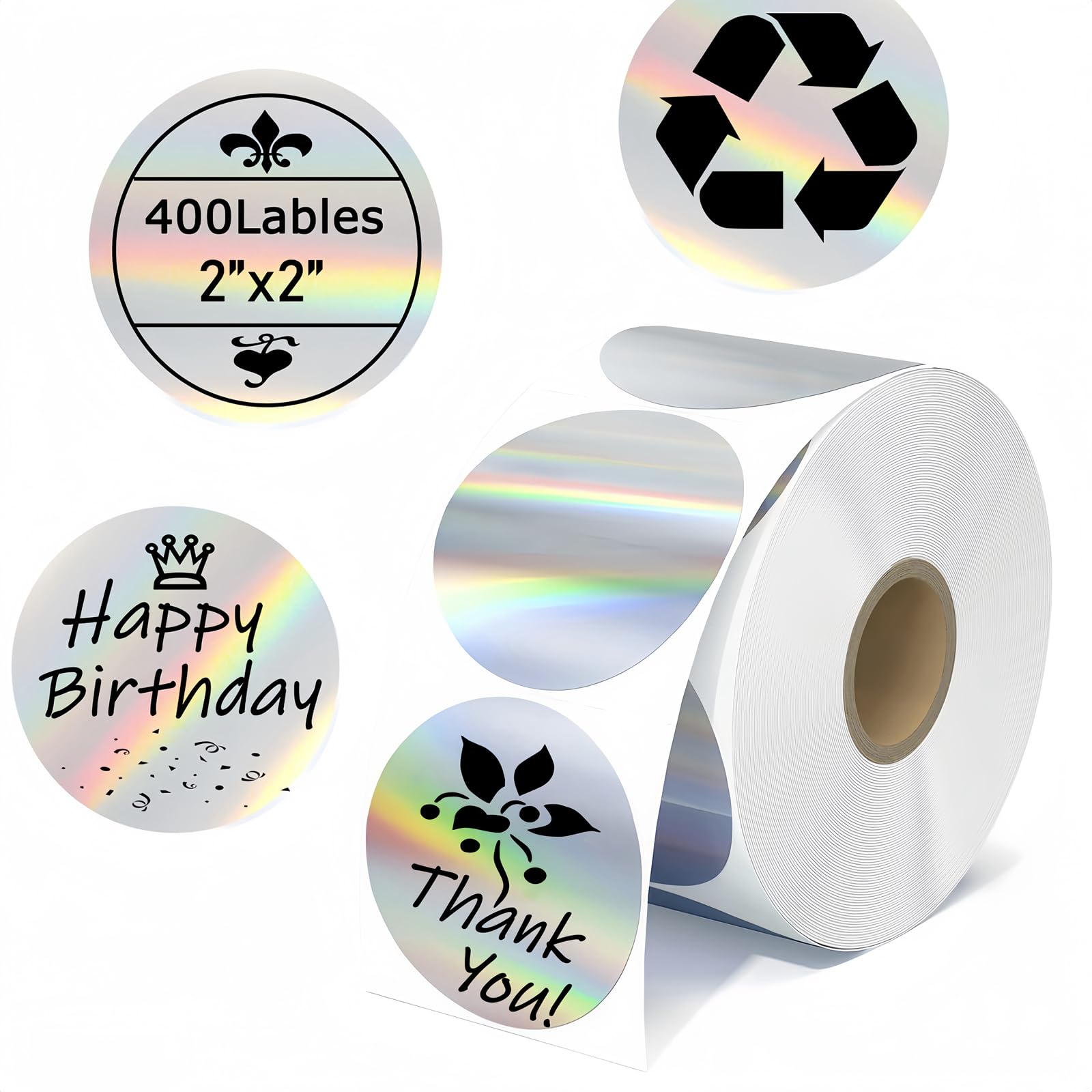 Photo 1 of 2 Inch Silver Thermal Sticker Labels,Round Thermal Printer Labels Self-Adhesive Circle Thermal Label, Holographic Thermal Sticker for Logo Design,Gift Card Stickers and QR Code-400 Labels