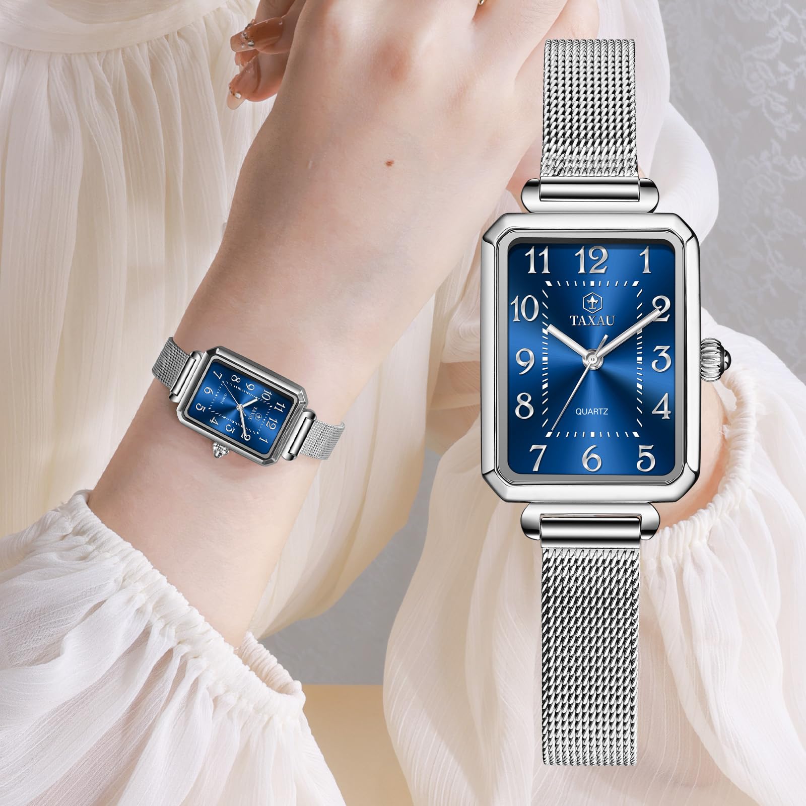 Taxau Damen Uhren Damenuhr Einstellbar Anspruchsvoll Damen Blaues Quadratisches Zifferblatt Kompakt Damenuhren Silberner Gurt Luxus Uhr Wasserdichtes Quarzwerk Watch for Women 5