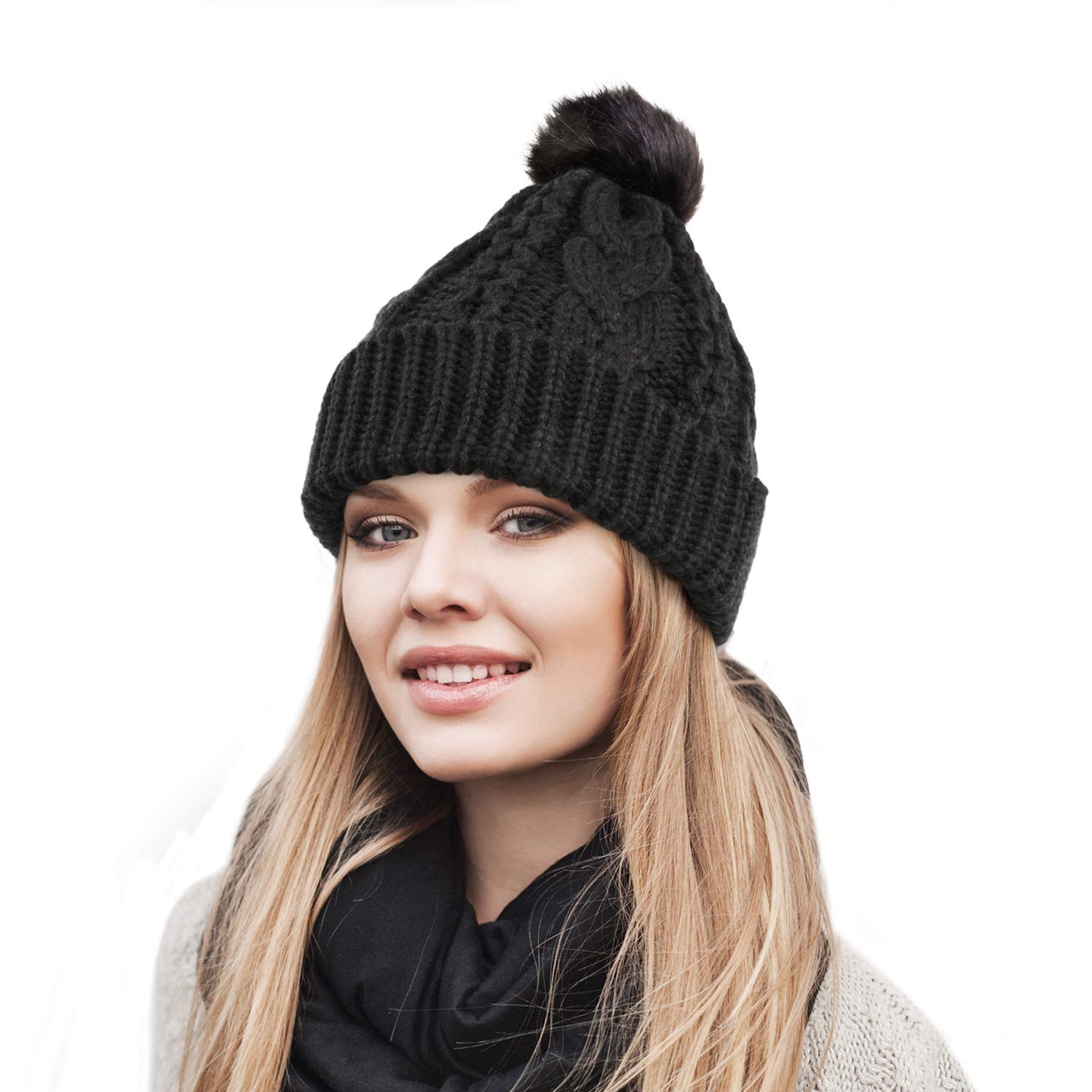 Winter Thick Cable Knit Faux Fuzzy Fur Pom Pom Fleece Lined Skull Ski Cap Cuff Beanie