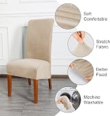 CMAKER Velvet Dining Chair Covers Set of 2 Beige High Back Stretch Slipcovers view 4