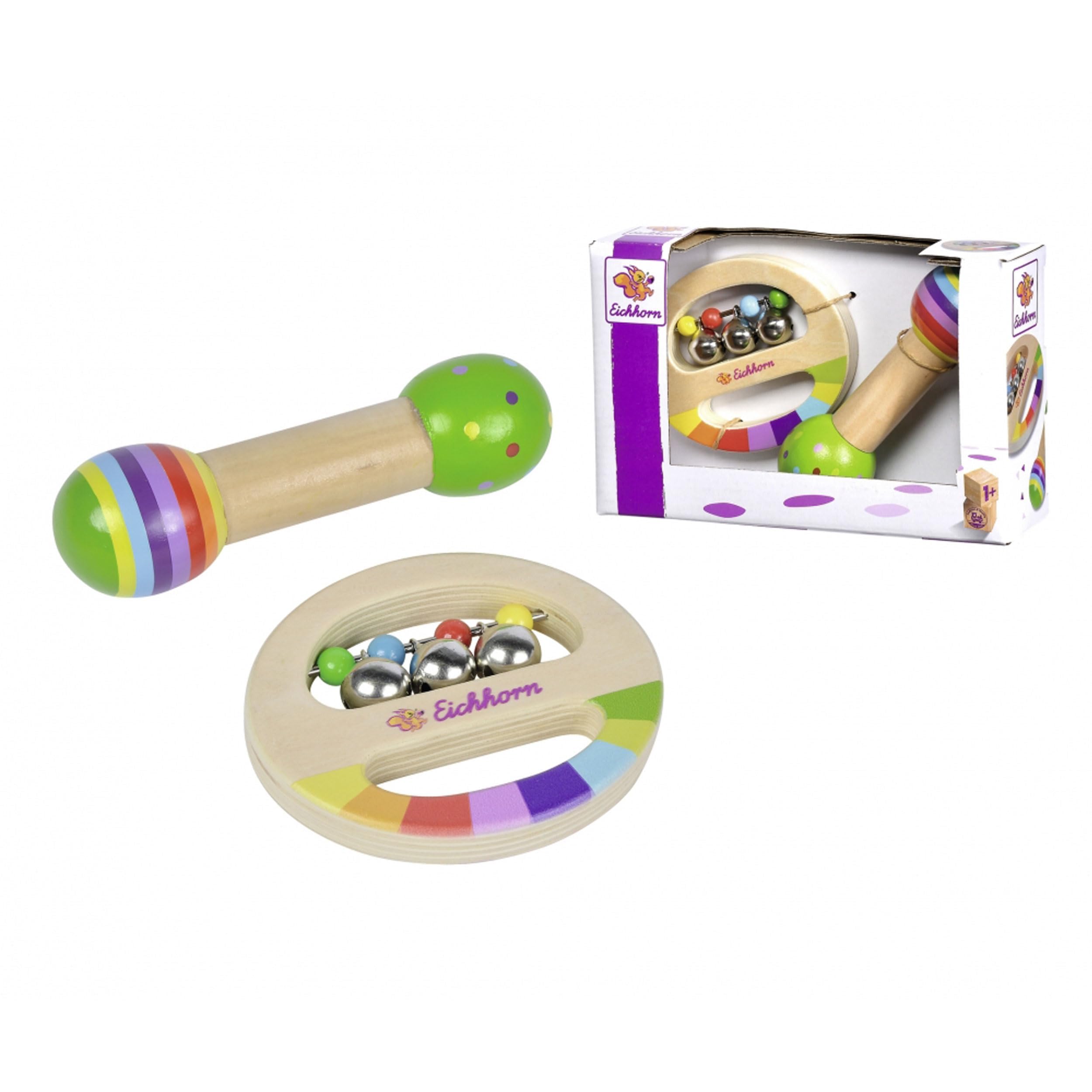 Eichhorn - 2-piece music set, includes grasping ring with bells and rod with sound, colorful musical instruments made of wood, from 1 year, multi-colored
