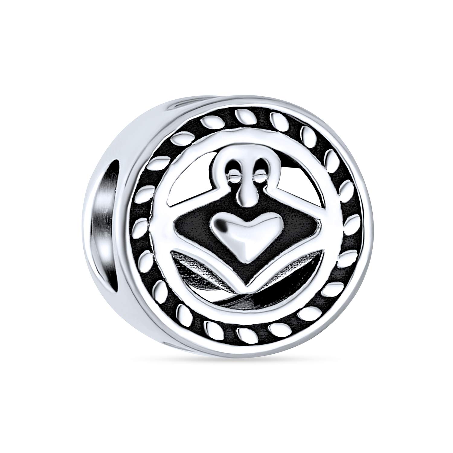 Bling Jewelry BFF Round Friendship Irish Celtic Claddagh Bead Charm For Women For Teen Oxidized .925 Sterling Silver