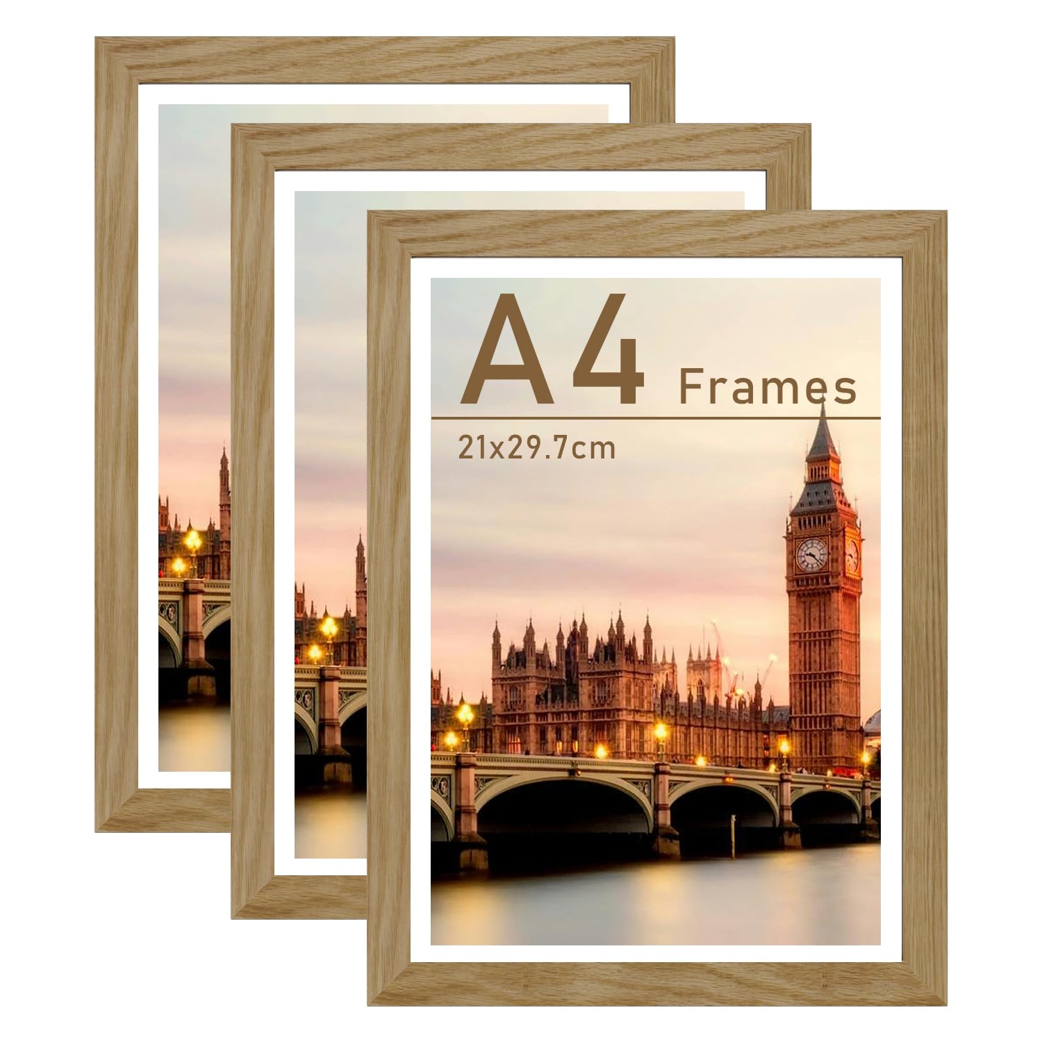 Bobeen A4 Picture Frames, Pack of 3 Oak Photo Frame (21x29.7CM) for Table Top and Wall Mounting