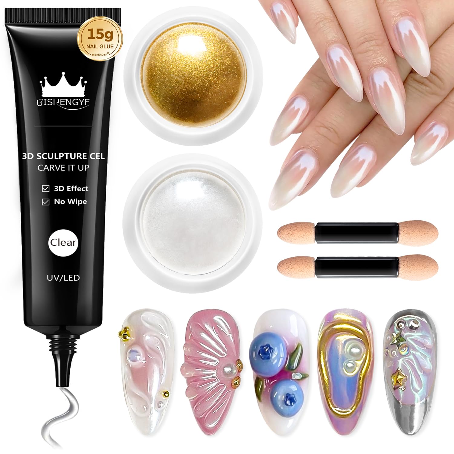 BISHENGYF Multifunctional 3D Nail Gel: No Wipe 15g 3d Gel for Nails and 2Pcs Glassy Pearl Chrome Nail Powder,Metallic Gold Chrome Nail Powder,5D Molding Gel for Nails Decoration Drawing Nail Gel