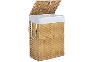 DUMOS Woven Laundry Basket with Lid, 90L Large Capacity Hamper, Removable & Machine-Washable Liner, Foldable Rattan Clothes Hamper, Sturdy Steel Frame, Odor Control, Goose Yellow