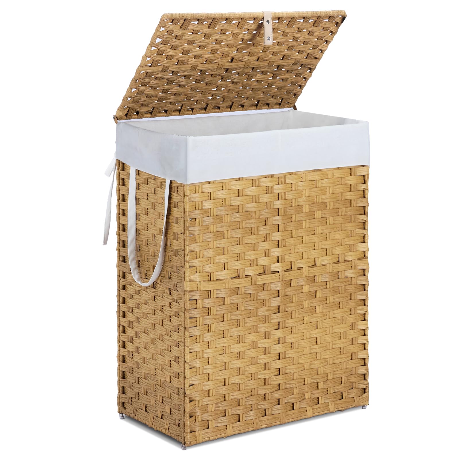 Photo 1 of DUMOS Woven Laundry Basket with Lid, 90L Large Capacity Hamper, Removable & Machine-Washable Liner, Foldable Rattan Clothes Hamper, Sturdy Steel Frame, Odor Control, Goose Yellow